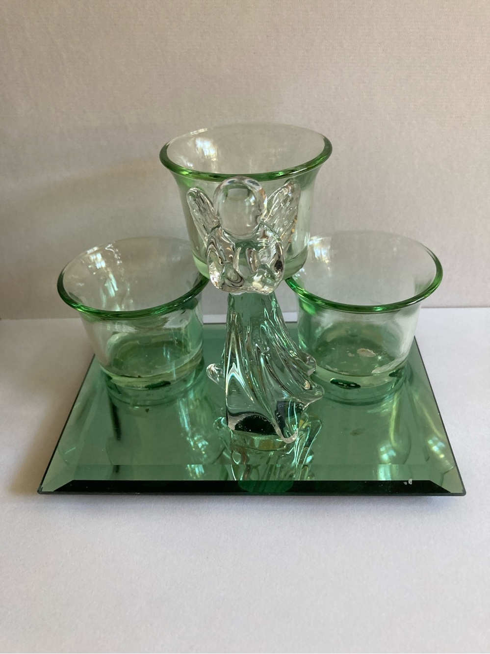 Vintage Green Crystal Votive Candle Holder Angel Figure on Mirror Base